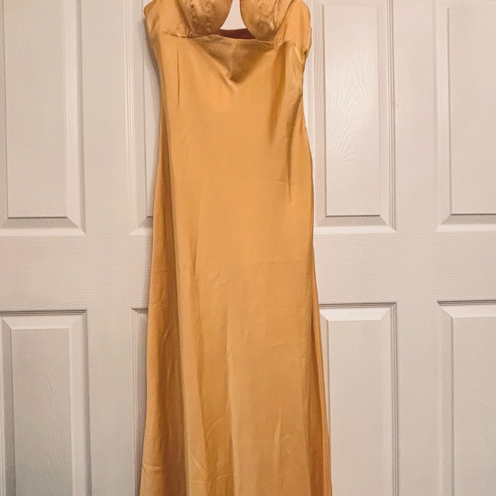 Commense Sunshine Yellow Satin Evening Dress with Petal Cups
